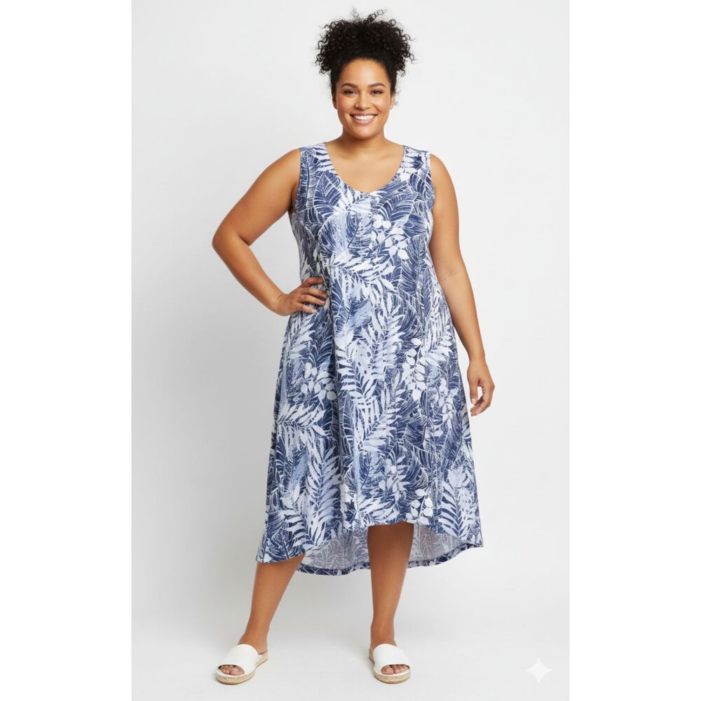 Woman Within Blue Tropical Leaf Print Sleeveless Linen Blend High Low Dress 18W